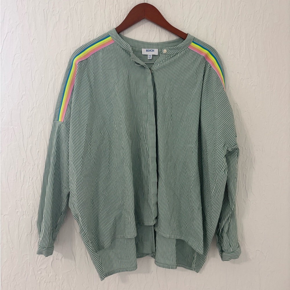 Koch Green and White Stripped Button Up Blouse Size Medium